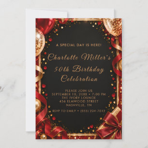 Invitation d'anniversaire 50 ans Or Noir Rouge