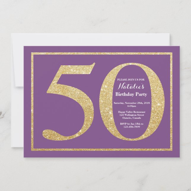 Invitation d'anniversaire 50 ans paillettes violet (Devant)