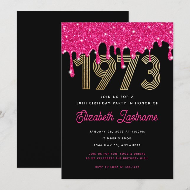 Invitation d'anniversaire 50 ans Pink Glitter Drip (Devant / Derrière)