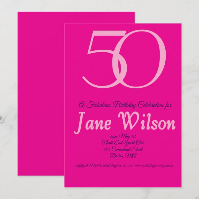 Invitation d'anniversaire 50 ans rose, blanc et no (Devant / Derrière)