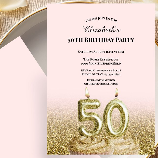 Invitation d'anniversaire 50 ans rose et or pour e (Créateur téléchargé)