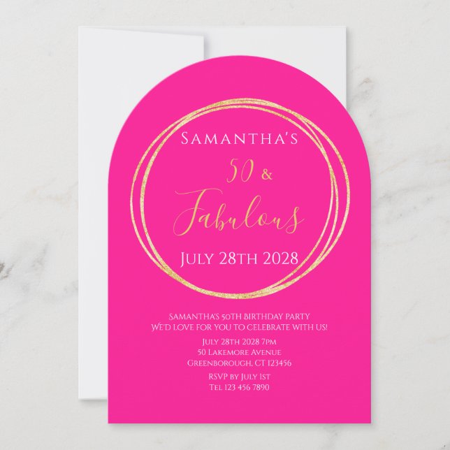 Invitation d'anniversaire 50 ans rose vif et or (Devant)