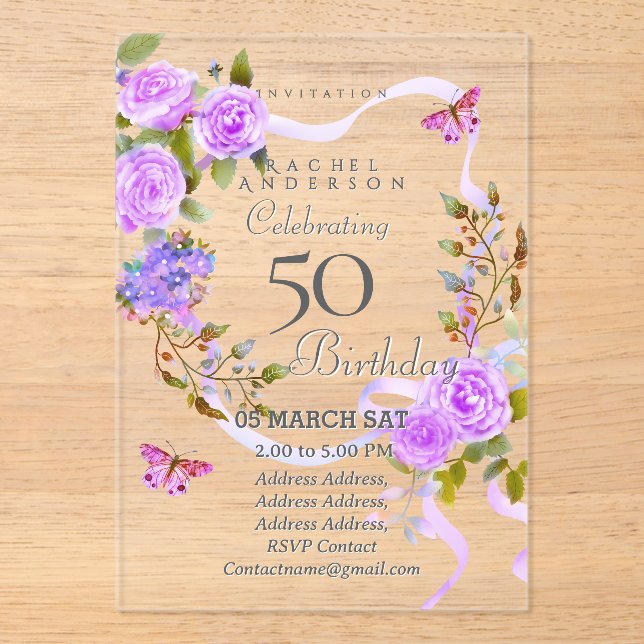 Invitation d'anniversaire 50 ans Ruban de Rose Vio (Recto)