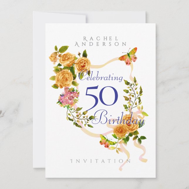 Invitation d'anniversaire 50 ans Ruban Rose Doré (Devant)