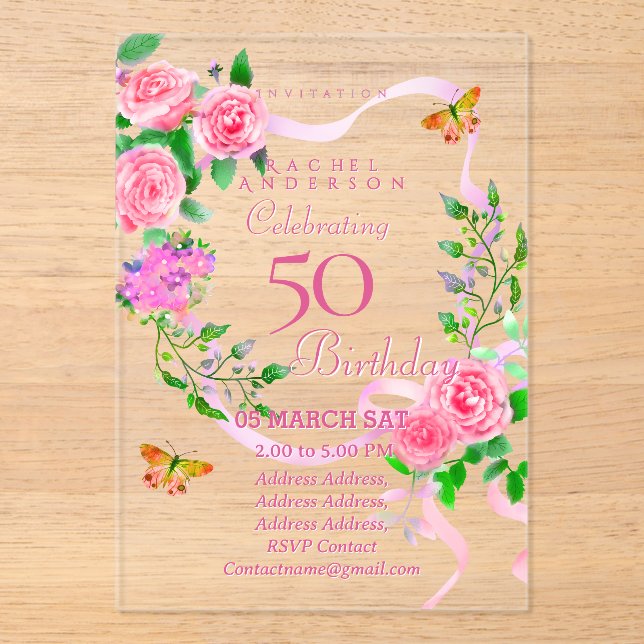 Invitation d'anniversaire 50 ans Ruban Rose Rose (Recto)