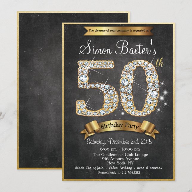 Invitation d'anniversaire 50 ans tableau noir diam (Devant / Derrière)