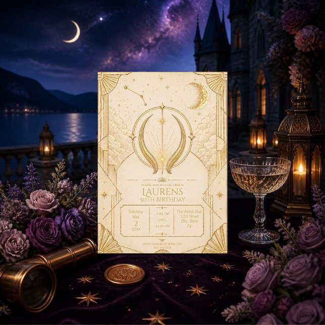 Invitation d'anniversaire 50 ans Taureau Or Crème  (Elegant Taurus 50th invitation with gold celestial details for a timeless milestone celebration.)