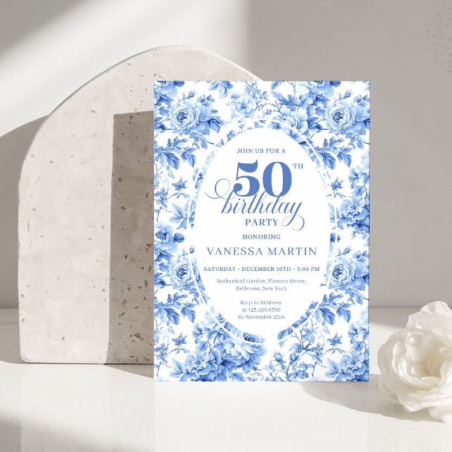 Invitation d'anniversaire 50 ans Toile de Jouy Ros (Luxury Deep Blue Toile Roses 50th Birthday Invitation)