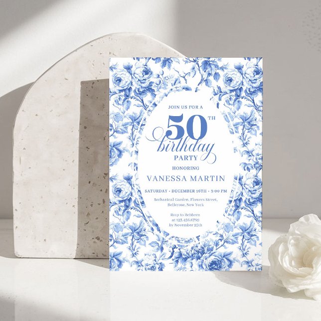 Invitation d'anniversaire 50 ans Toile de Jouy Ros (Classic Navy Blue Toile Rose 50th Birthday Invitation)