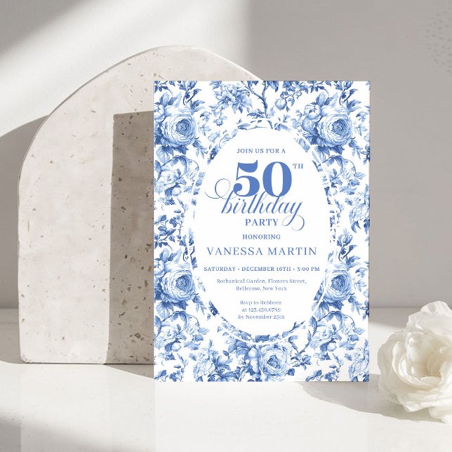Invitation d'anniversaire 50 ans Toile Rose Navy S (Sophisticated Navy Toile Rose 50th Birthday Invite)