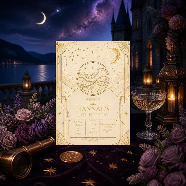 Invitation d'anniversaire 50 ans Verseau Crème Dor (Celebrate 50 in style with an elegant Aquarius invitation featuring luxurious gold celestial artwork)