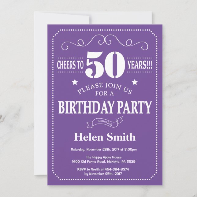 Invitation d'anniversaire 50 ans Violet et Blanc (Devant)