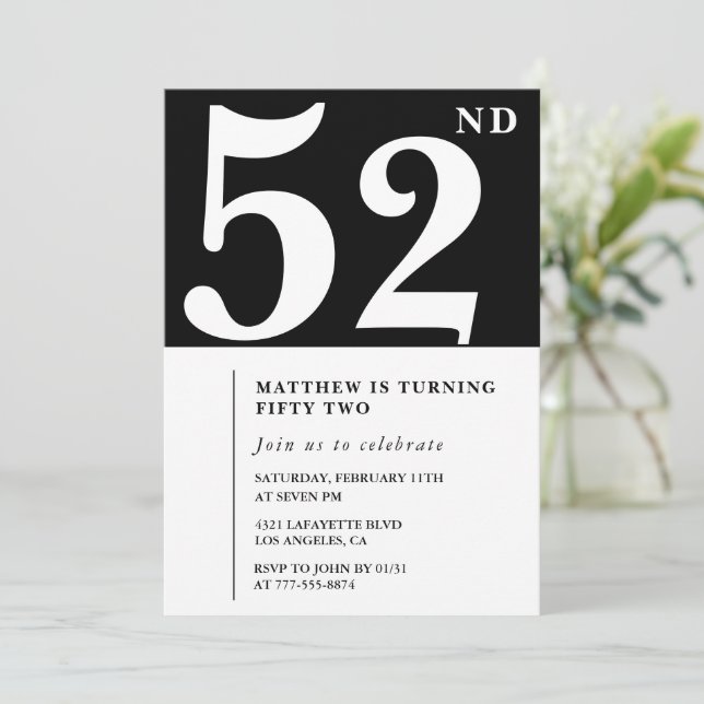 Invitation d'anniversaire 52 ans noir Élégant Chic (Debout devant)
