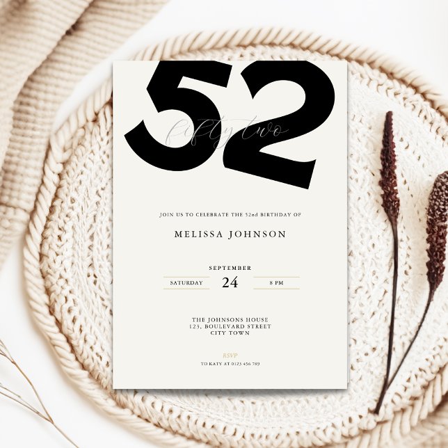 Invitation d'anniversaire 52 ans - Typo Gras Minim (Minimal 52nd birthday invitation with bold typography for man and woman)