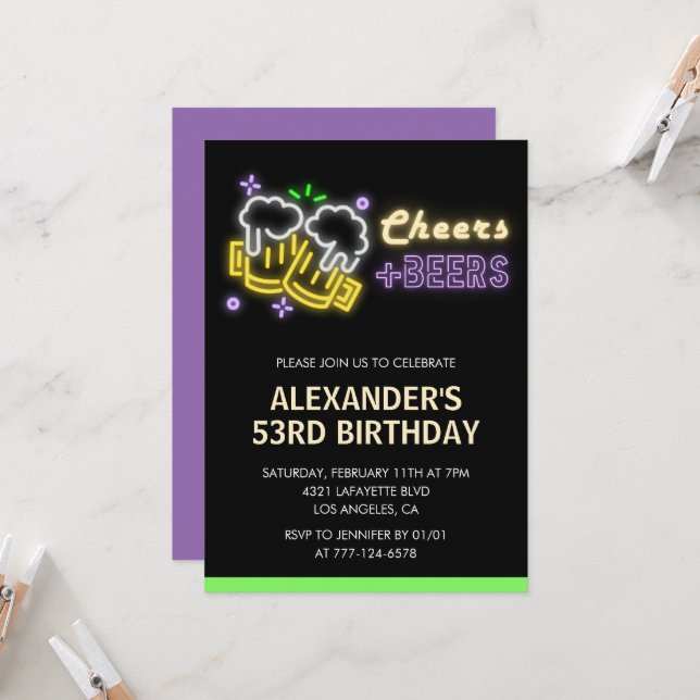 Invitation d'anniversaire 53 ans Neon Cheers Beer  (Devant/Arrière en situation)