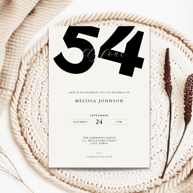 Invitation d'anniversaire 54 ans minimale - Typo g (Minimal 54th birthday invitation with bold typography for man and woman)