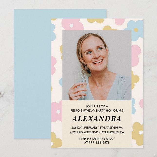 Invitation d'anniversaire 55 ans Fleurs rétro Groo (Devant / Derrière)