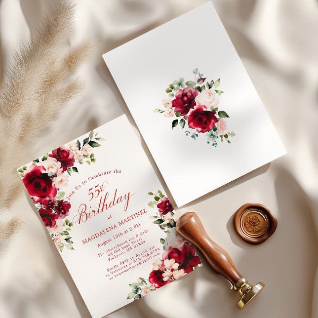 Invitation d'anniversaire 55 ans Rose rouge Pivoin (Créateur téléchargé)