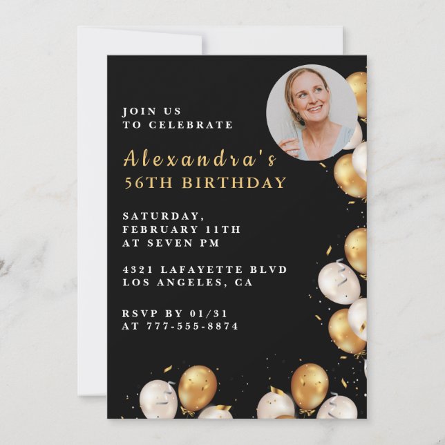Invitation d'anniversaire 56 ans noir Ballon d'or  (Devant)