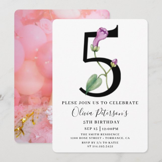 Invitation d'anniversaire 5 ans avec photo personn (Devant / Derrière)