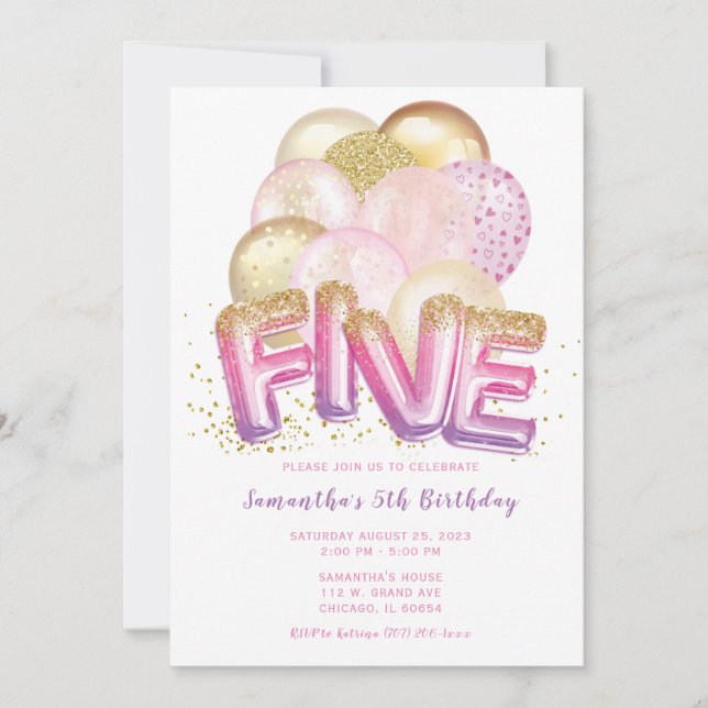 Invitation d'anniversaire 5 ans Ballon Rose Violet (Devant)