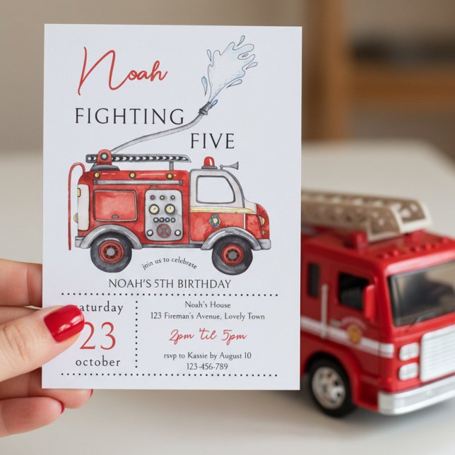 Invitation d'anniversaire 5 ans Camion de pompiers (Fighting Five 5th  birthday invitation with red fire truck theme)