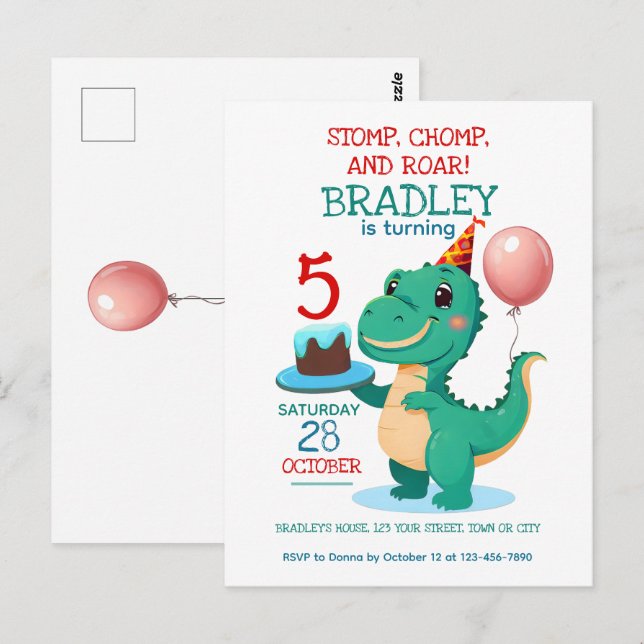 Invitation d'anniversaire 5 ans de dinosaure T Rex (Devant / Derrière)