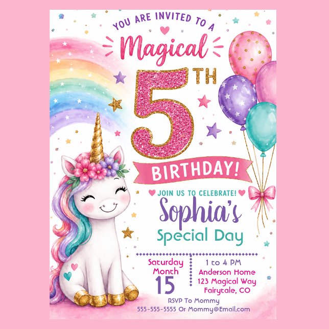 Invitation d'anniversaire 5 ans de la fille licorn (Cute magical unicorn 5th birthday invitation with pastel rainbow balloons and glitter pink number )