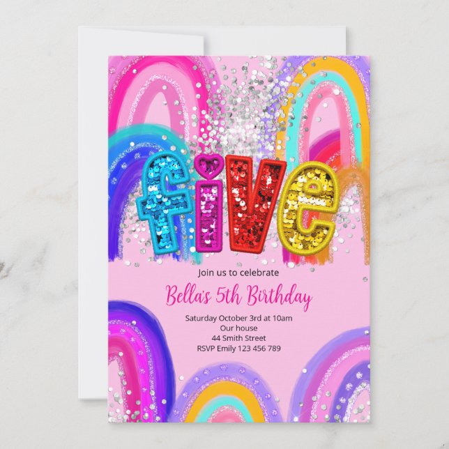 Invitation d'anniversaire 5 ans fille Arc-en-Ciel (Devant)
