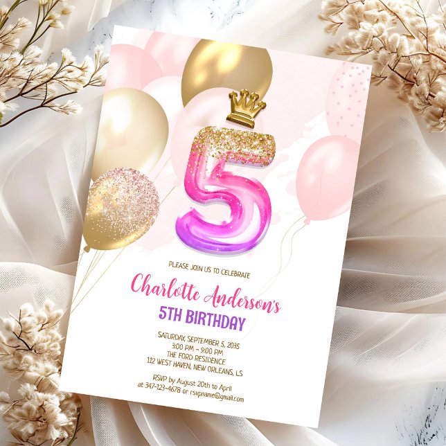Invitation d'anniversaire 5 ans fille ballon or ro (Créateur téléchargé)