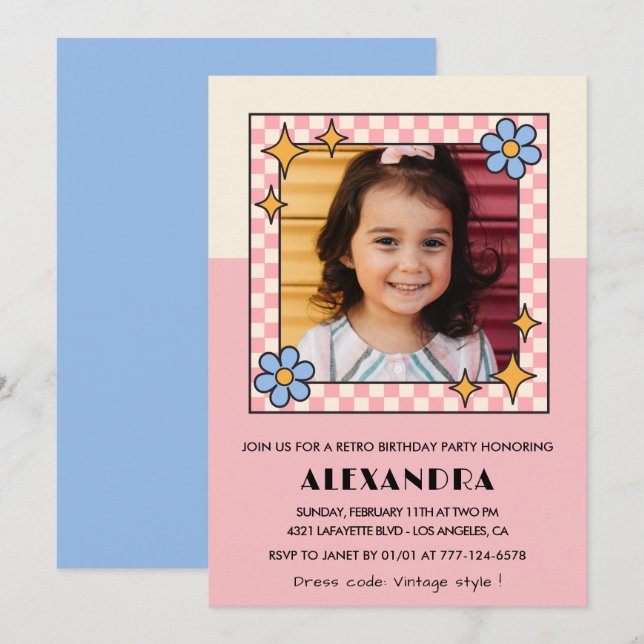 Invitation d'anniversaire 5 ans Fleurs roses rétro (Devant / Derrière)