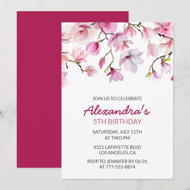 Invitation d'anniversaire 5 ans florale Aquarelle  (Devant / Derrière)