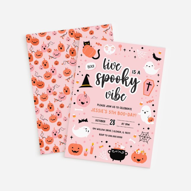Invitation d'anniversaire 5 ans Halloween rose et  (Pink and Orange Halloween 5th Birthday Invitation )
