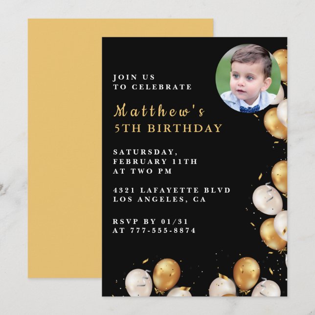 Invitation d'anniversaire 5 ans noir Ballon doré P (Devant / Derrière)