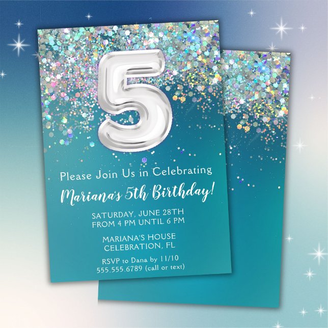Invitation d'anniversaire 5 ans Paillettes Argent  (Créateur téléchargé)