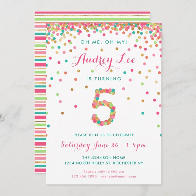 Invitation d'anniversaire 5 ans pour filles  fête  (Devant / Derrière)