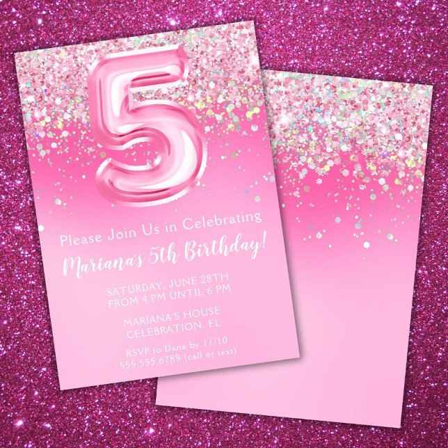 Invitation d'anniversaire 5 ans rose fille paillet (Créateur téléchargé)