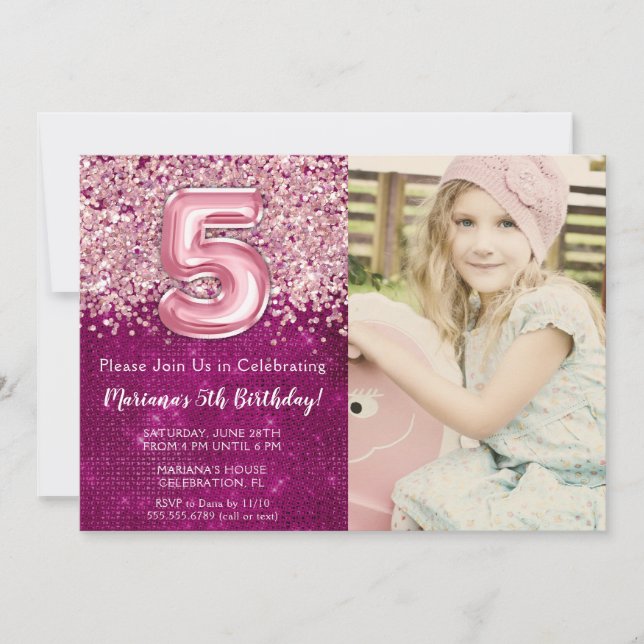 Invitation d'anniversaire 5 ans rose magenta paill (Devant)