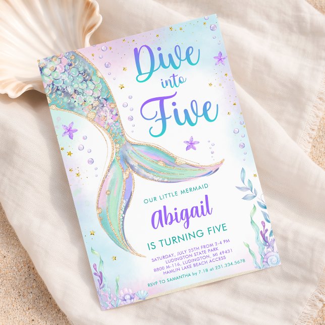 Invitation d'anniversaire 5 ans Sirène (Dive into Five - Mermaid 5th Birthday Party Invite - Girls  Pastel Mermaid Tail Invite)