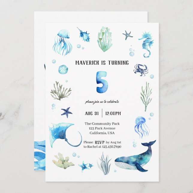 Invitation d'anniversaire 5 ans Sous l'océan (Devant / Derrière)