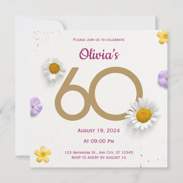 Invitation d'anniversaire 60 ans à fleurs dorées (Devant)