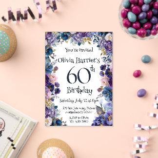 Invitation d'anniversaire 60 ans à fleurs violette