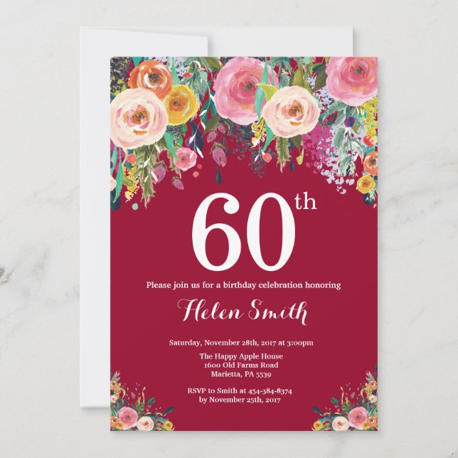 Invitation d'anniversaire 60 ans à motif floral bo (Devant)