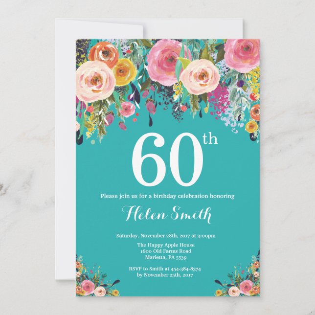 Invitation d'anniversaire 60 ans à motif floral sa (Devant)