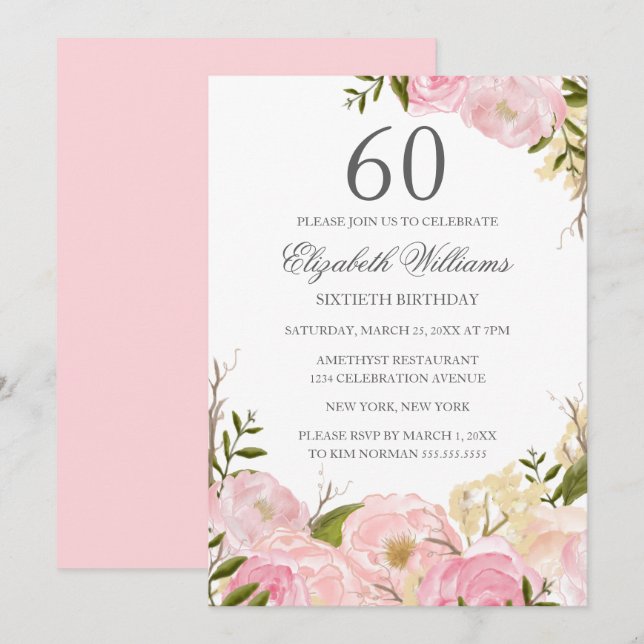 Invitation d'anniversaire 60 ans aquarelle rose bl (Devant / Derrière)