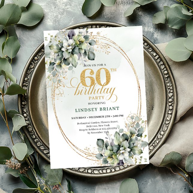 Invitation d'anniversaire 60 ans aquarelle verte e (Watercolor 60th Birthday Green And Gold Invite

)
