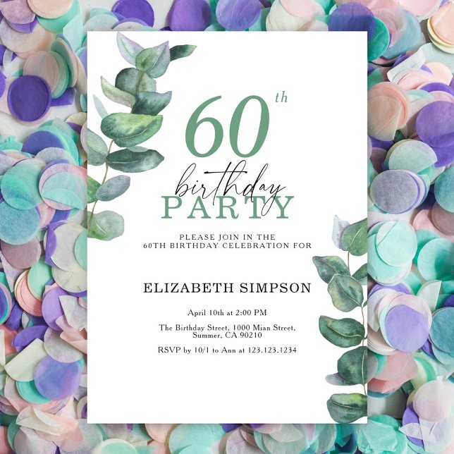 Invitation d'anniversaire 60 ans au eucalyptus aqu (Créateur téléchargé)