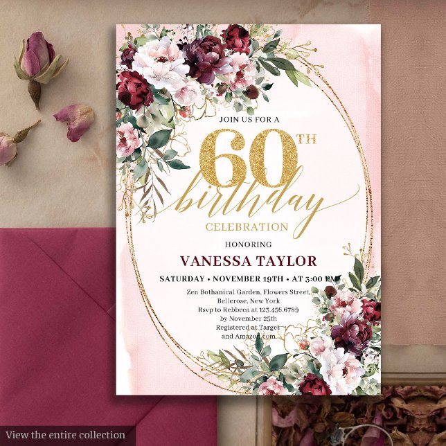 Invitation d'anniversaire 60 ans aux roses bordeau (Modern Boho Burgundy Roses 60th Birthday Invite)