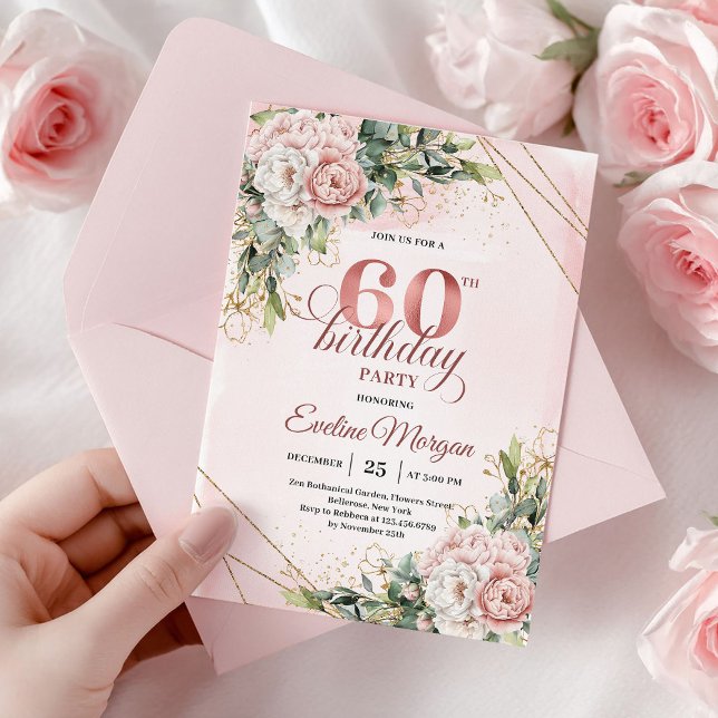 Invitation d'anniversaire 60 ans avec cadre en or  (Rose Gold Floral Gold Frame 60th Birthday Invitation)