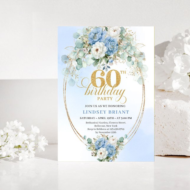 Invitation d'anniversaire 60 ans avec verdure et p (Light Blue Peony Greenery 60th Birthday Invitation)